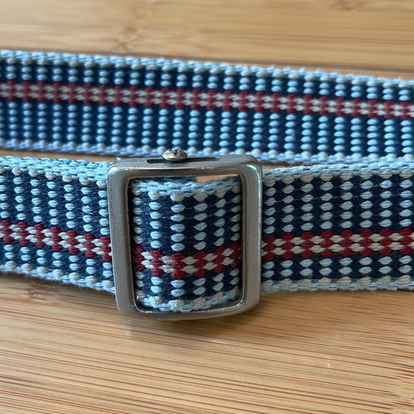 Striped Webbing Belt adjustable metal buckle blue/red/cream canvas belt - Picture 6 of 10